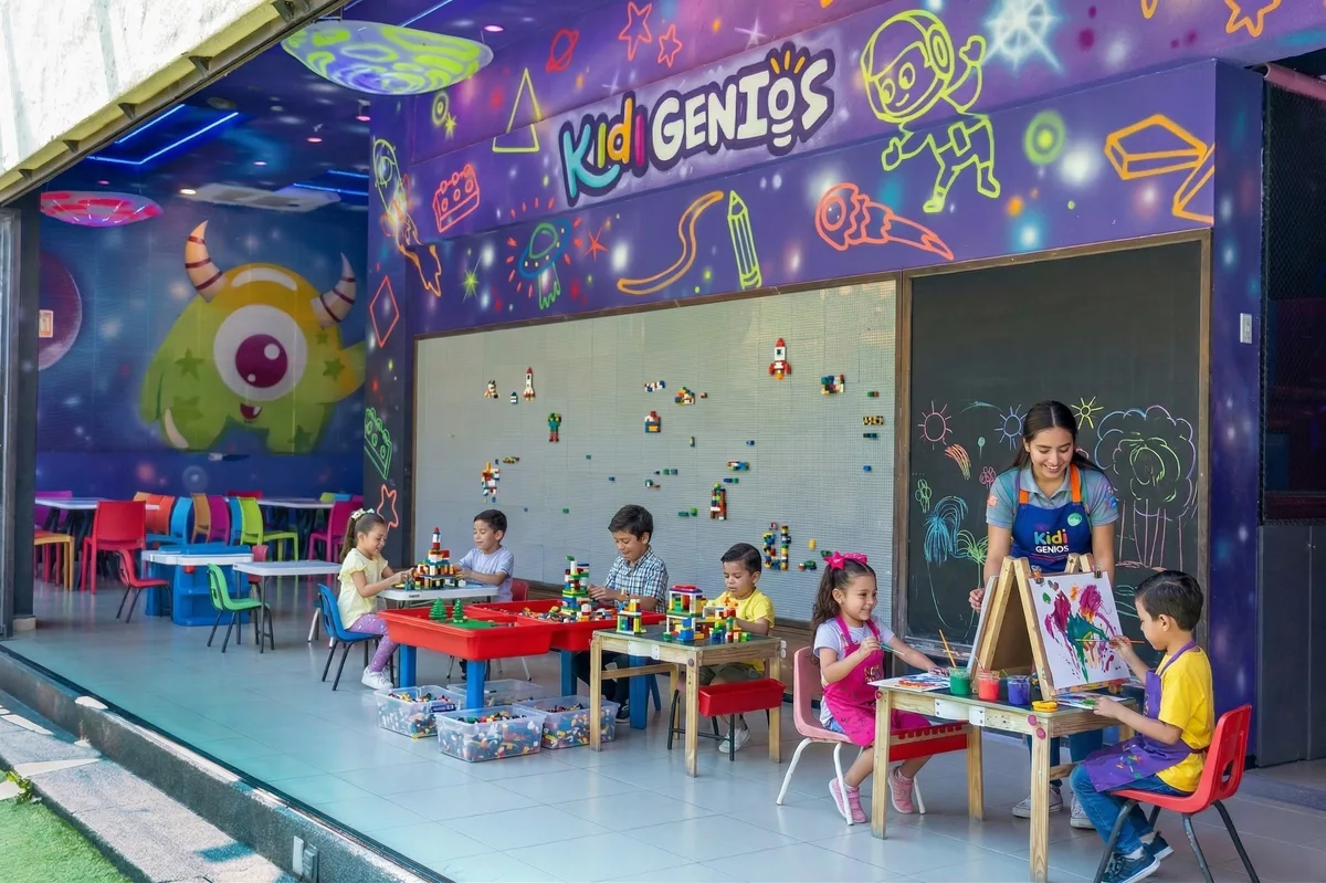 Niños pintando y creando en la Estación Creativa de Kidiverso